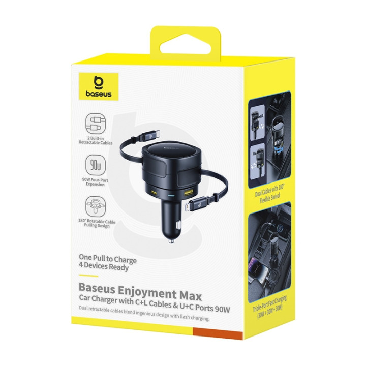 Baseus Enjoyment Max car charger with USB-C+Lightning cables and USB-A